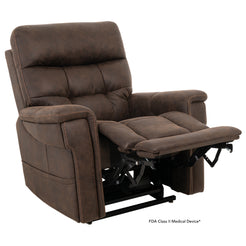Pride Mobility VivaLift Radiance PLR3955PW brown power lift recliner chair with padded armrests and footrest