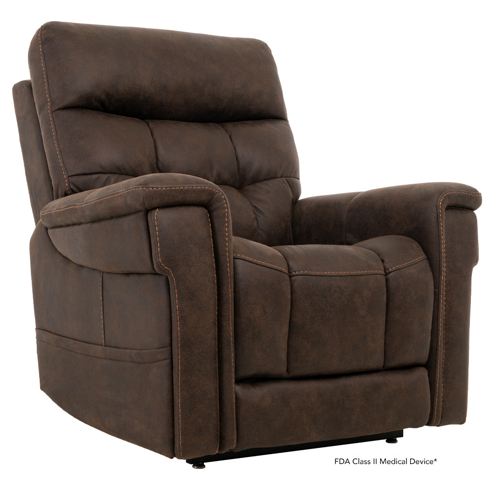 Pride Mobility VivaLift Radiance PLR3955PW brown leather power lift recliner chair with padded armrests