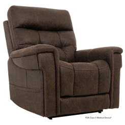 Pride Mobility VivaLift Radiance PLR3955PW brown leather power lift recliner chair with padded armrests