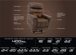 Pride Mobility VivaLift Radiance PLR3955PW brown lift chair with power headrest, lumbar, backrest, heating pads, and wireless charging