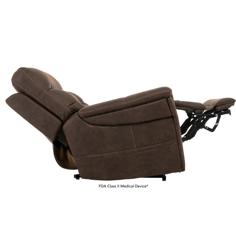 Brown reclining Pride Mobility VivaLift Radiance PLR3955PW lift chair for home comfort and mobility support