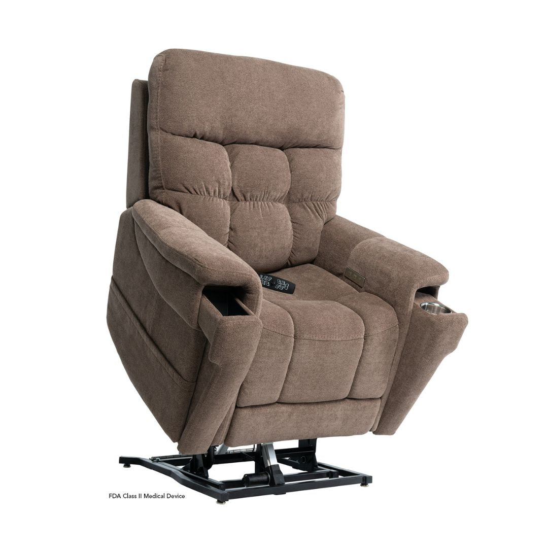 Pride Mobility VivaLift Ultra PLR4955M brown lift recliner chair with plush cushioning and remote control