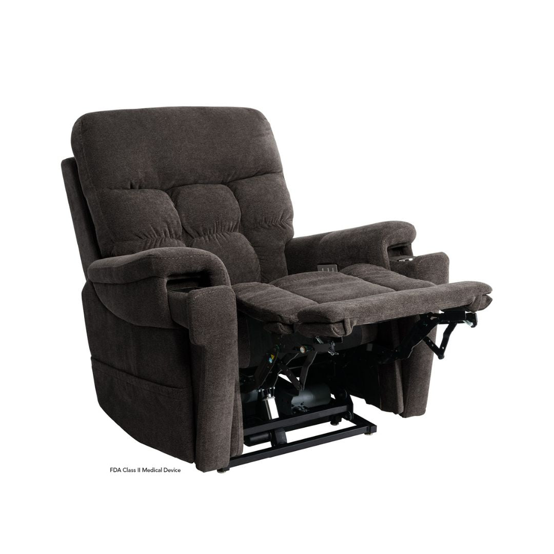 Pride Mobility VivaLift Ultra PLR4955M brown power lift recliner chair with padded armrests and footrest extended