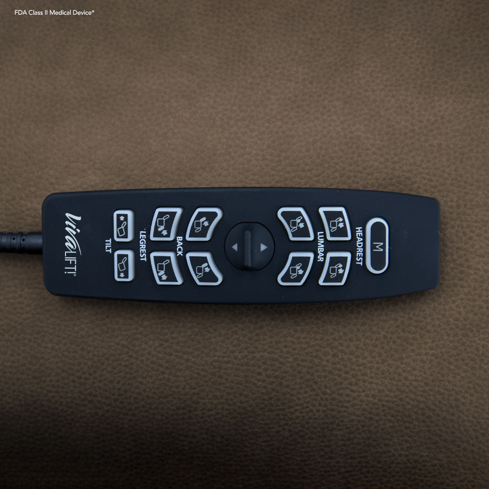 Pride Mobility VivaLift Ultra PLR4955M remote control with multiple adjustment buttons on brown surface