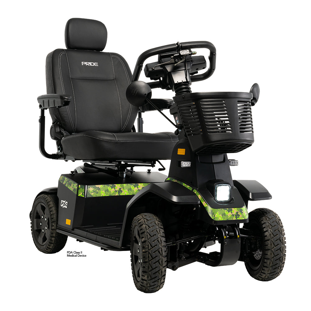 PX4 Heavy Duty 4 Wheel Mobility Scooter by Pride Mobility with black cushioned seat and sturdy tires