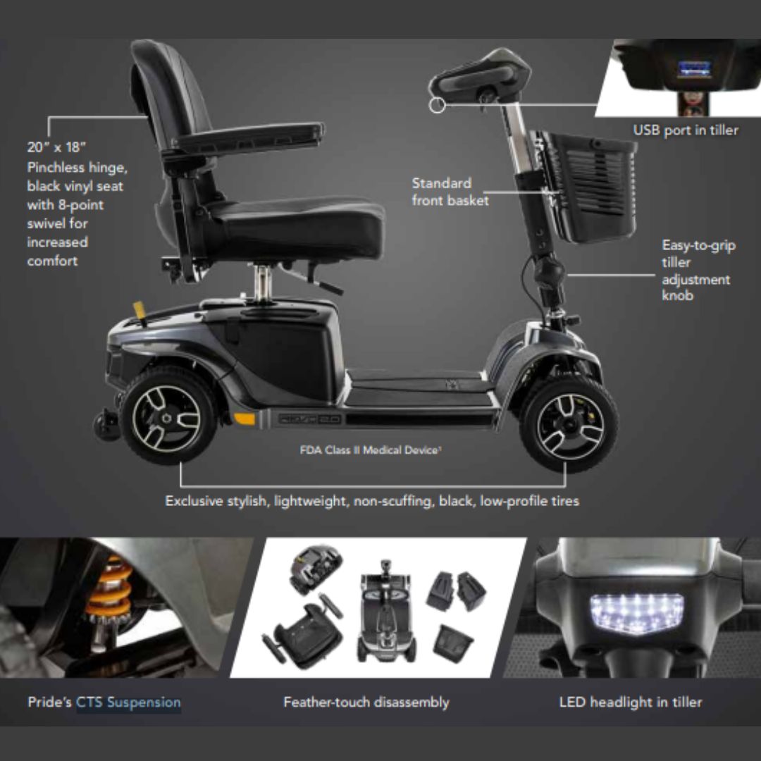 Pride Mobility Revo 2.0 3 Wheel Mobility Scooter with adjustable seat and front basket for convenient travel