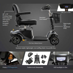 Pride Mobility Revo 2.0 3 Wheel Mobility Scooter with black vinyl seat, front basket, and LED headlight