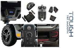 Pride Mobility REVO 2.0 4 WHEEL scooter parts including battery, control panel, tire, and chassis details