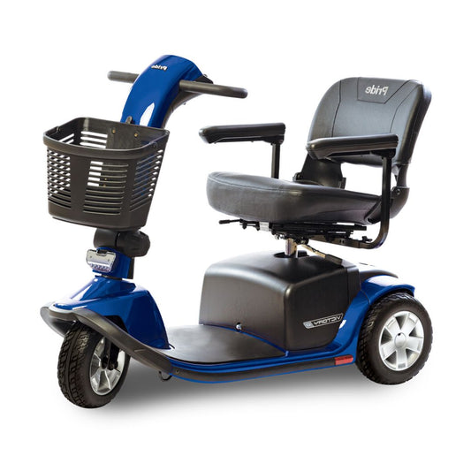 Pride Mobility Victory 10 3 Wheel electric scooter in blue with front basket and padded seat