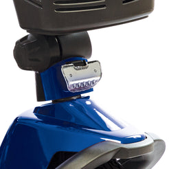 Close-up of blue Victory 10 3 Wheel electric scooter front detailing by Pride Mobility
