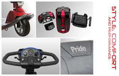 Victory 10 3 Wheel mobility scooter by Pride Mobility showing red frame, handlebars, and seat details