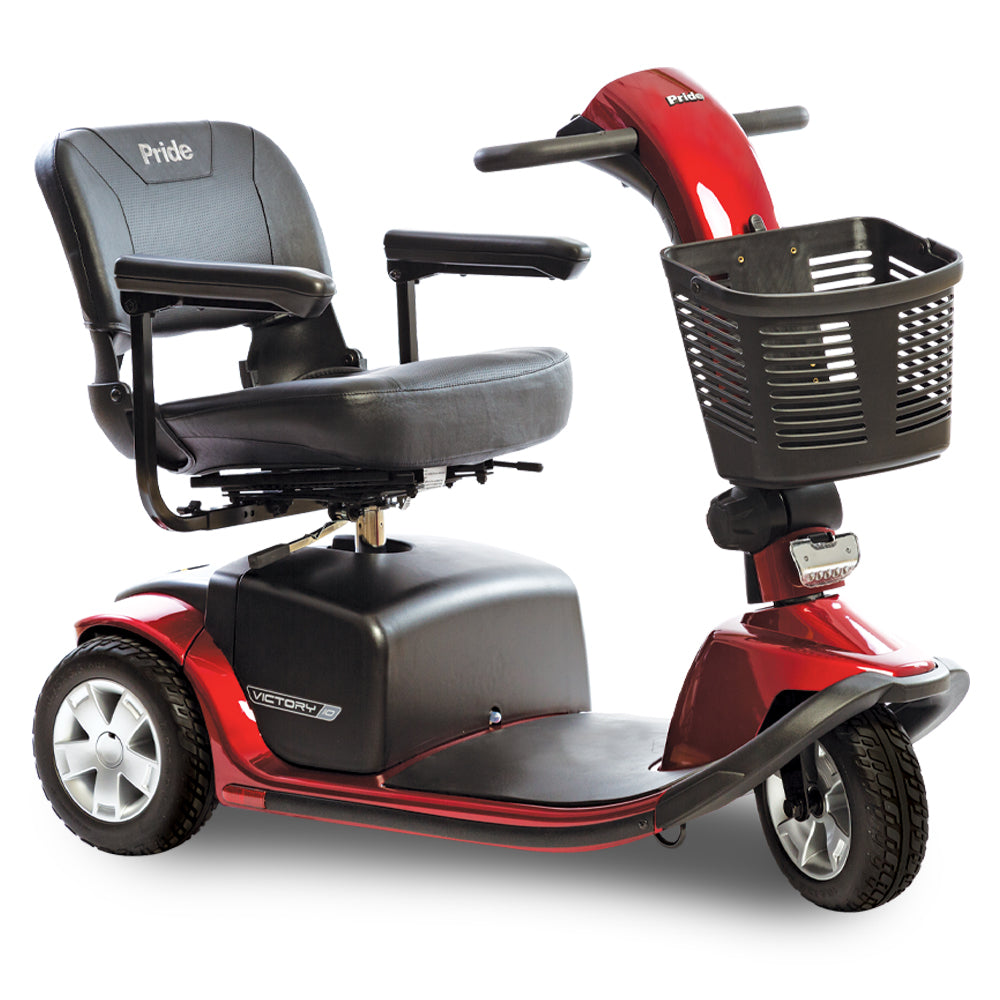 Pride Mobility Victory 10 3 Wheel red mobility scooter with black seat and front basket