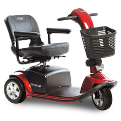 Pride Mobility Victory 10 3 Wheel red mobility scooter with black seat and front basket