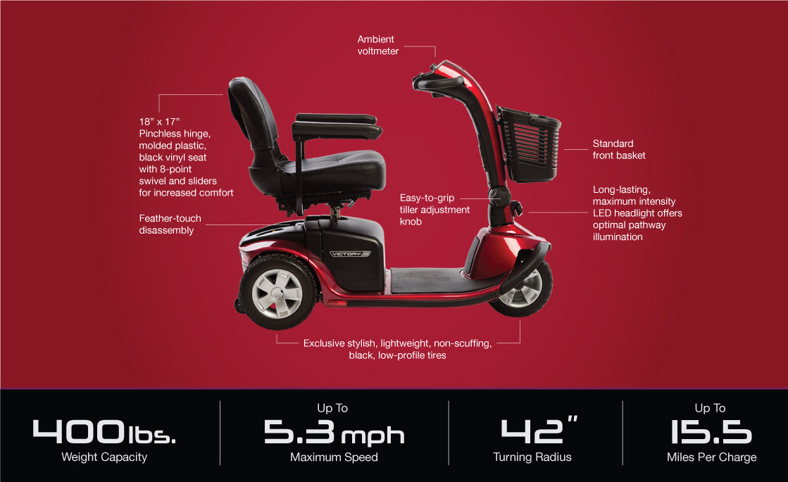 Pride Mobility Victory 10 3 Wheel red mobility scooter with LED headlights and front basket