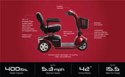 Pride Mobility Victory 10 3 Wheel red mobility scooter with LED headlights and front basket