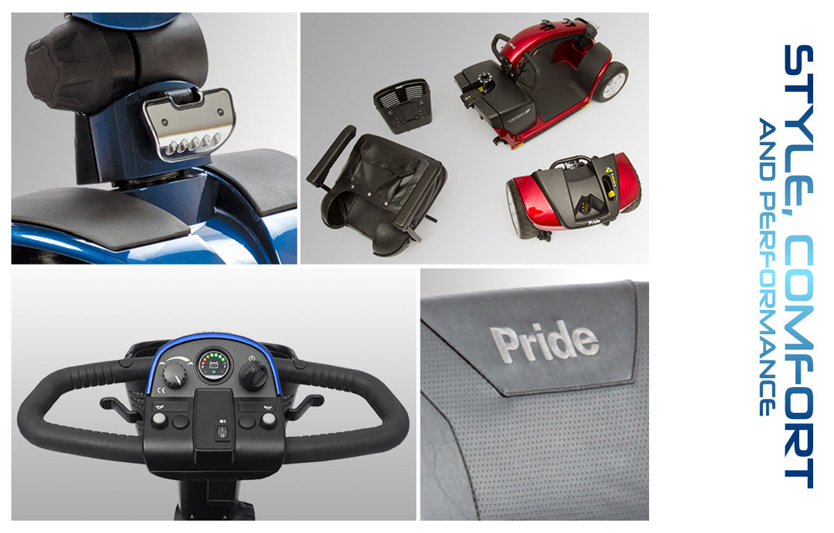 Pride Mobility Victory 10 4 Wheel Mobility Scooter close-ups of controls seat and red scooter parts