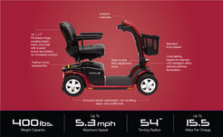Pride Mobility Victory 10 4 Wheel Mobility Scooter in red with cushioned black seat and front basket