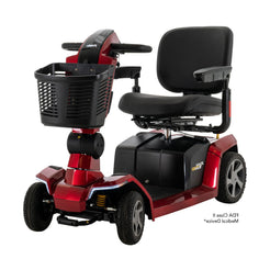 Pride Mobility Zero Turn 10 red mobility scooter with black seat and front basket