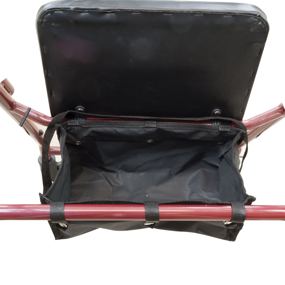 ProBasics Steel Rollator 6 red frame with black underseat storage bag and padded backrest seat