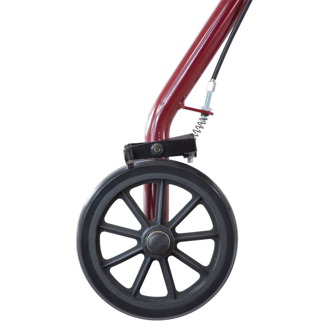 ProBasics Steel Rollator 6 red frame close up of front wheel and brake cable showing spring