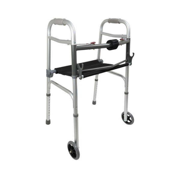 Compass Health Brands ProBasics Two-Button Folding Walker aluminum two wheeled walker with padded seat and adjustable height legs