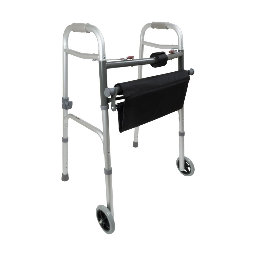 ProBasics Two-Button Folding Walker aluminum mobility aid with front wheels black storage pouch height adjustable