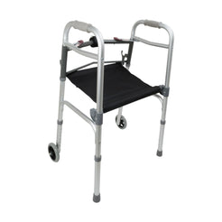 ProBasics Two-Button Folding Walker by Compass Health Brands aluminum frame with black seat and front wheels