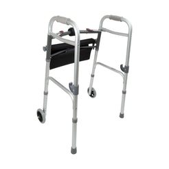 ProBasics Two-Button Folding Walker by compass Health Brands lightweight aluminum frame with front wheels and storage pouch