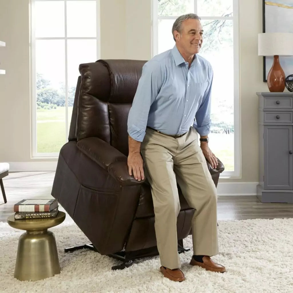 Golden Technologies Rhea Power Lift Recliner PR442 in brown, helping a man to stand up
