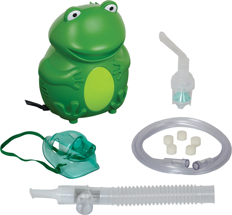 Compass Health Brands Roscoe Frog Nebulizer with green frog compressor and nebulizer accessories
