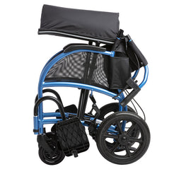 Folded STRONGBACK 12AB Transport Wheelchair 1003AB in blue with black seat and large rear wheels