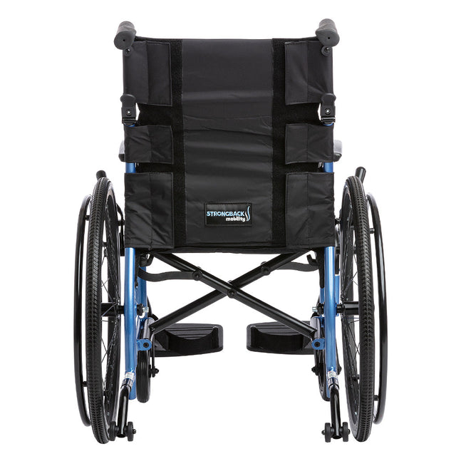 Rear view of STRONGBACK 22S Transport Wheelchair 1017 with black seat and blue frame by StrongBack Mobility