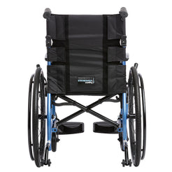 Rear view of STRONGBACK 22S Transport Wheelchair 1017 with black seat and blue frame by StrongBack Mobility
