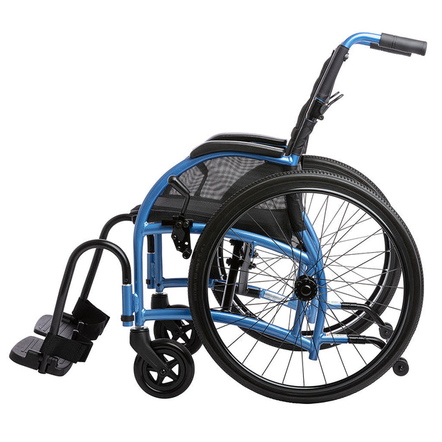 STRONGBACK 22S Transport Wheelchair 1017 in blue with black mesh seat and adjustable footrests