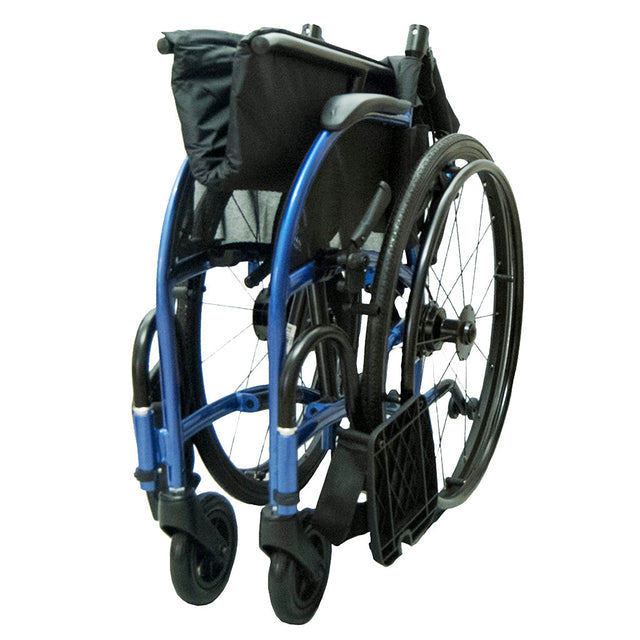 Folding STRONGBACK 22S Transport Wheelchair 1017 by StrongBack Mobility in blue and black