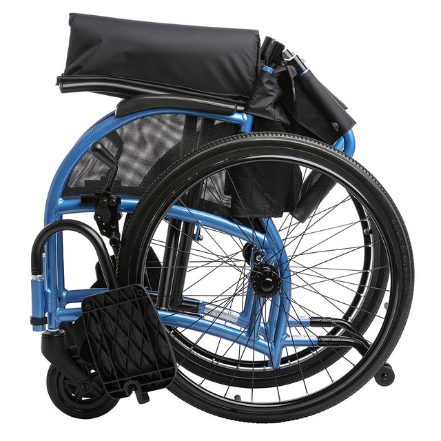 Folded STRONGBACK 22S Transport Wheelchair 1017 in blue frame with black seat and wheels