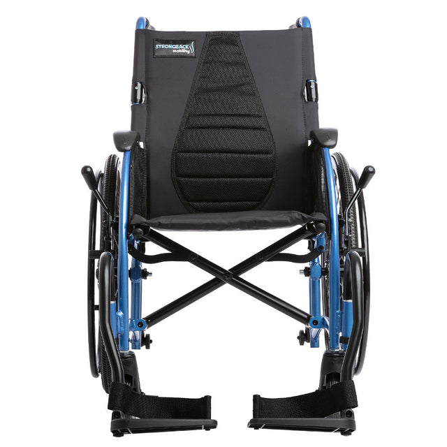 Front view of STRONGBACK 22S Transport Wheelchair 1017 with blue frame and black seat and armrests