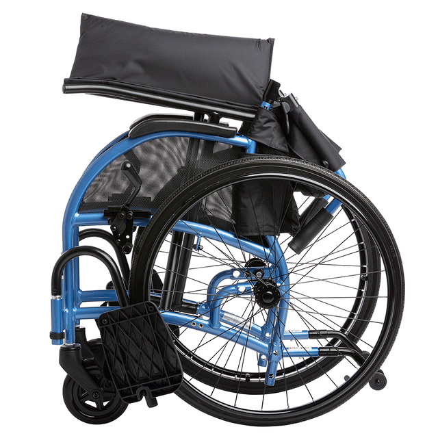 Folded STRONGBACK 24AB Transport Wheelchair 1007AB in blue frame with black seat and footrests