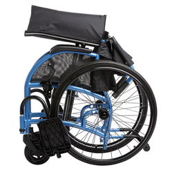 Folded STRONGBACK 24AB Transport Wheelchair 1007AB in blue frame with black seat and footrests