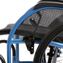 Close-up of blue frame and brake lever of STRONGBACK 24AB Transport Wheelchair 1007AB by StrongBack Mobility