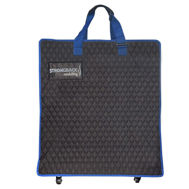 StrongBack Mobility Large Travel Storage Bag black quilted padded cover with blue handles and wheels