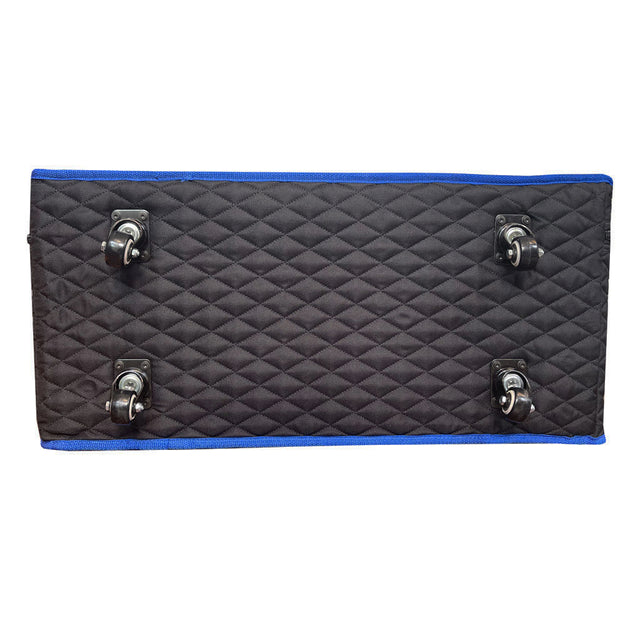 StrongBack Mobility Large Travel Storage Bag underside showing quilted black fabric blue trim and four caster wheels