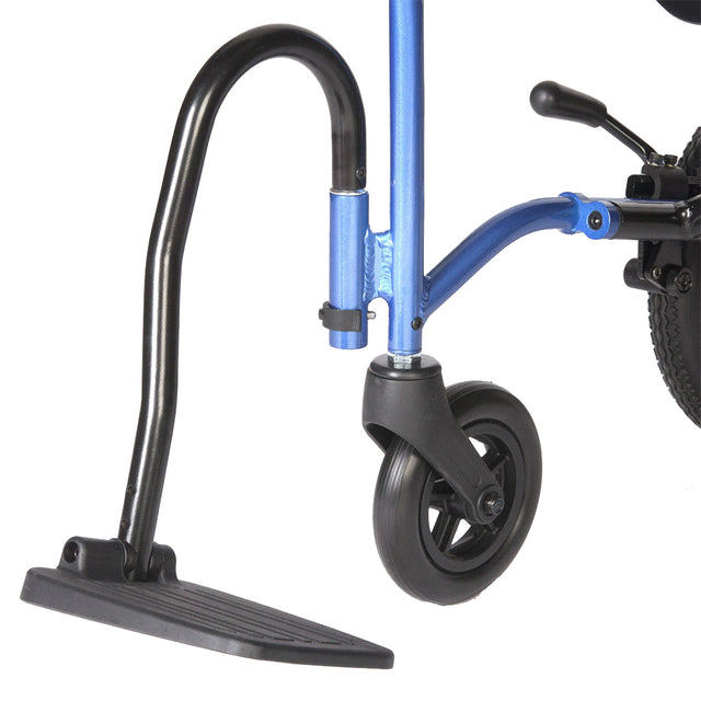 Close-up of the front wheel and footrest of the Strongback Mobility 8 Transport Wheelchair 1002 in blue