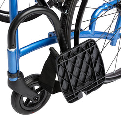 Close-up of the front wheel and footrest of Strongback Mobility 8 Transport Wheelchair 1002 in blue frame