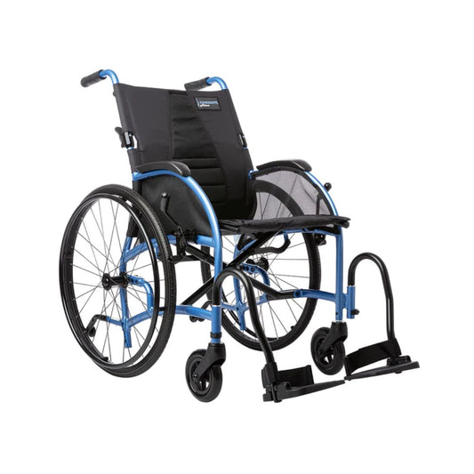 STRONGBACK 24 Flip Wheelchair 1019 blue lightweight manual wheelchair with flip up footrests and mesh seat