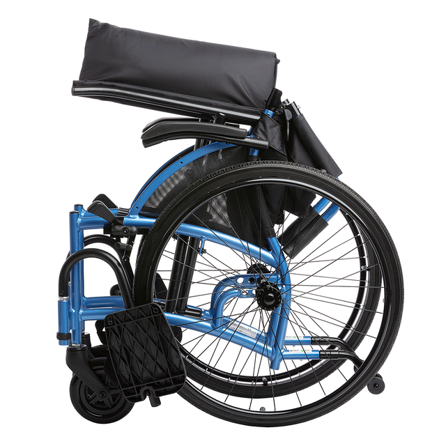 STRONGBACK 24 Flip Wheelchair 1019 folded blue transport wheelchair with cushioned seat and flip footrest