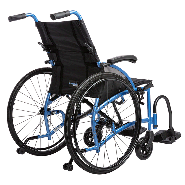 STRONGBACK 24 Flip Wheelchair 1019 blue lightweight manual wheelchair with flip back armrests and large rear wheels