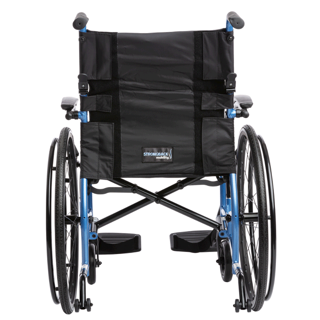 STRONGBACK 24 Flip Wheelchair 1019 rear view showing blue folding frame black seat back and flip back armrests