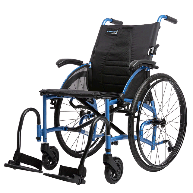 STRONGBACK 24 Flip Wheelchair 1019 lightweight blue manual wheelchair with flip up footrests and padded seat