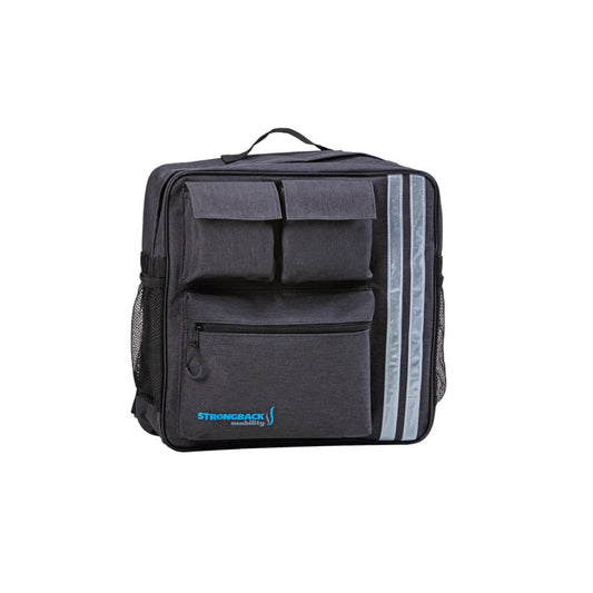 StrongBack Mobility Wheelchair Backpack in charcoal with multiple front pockets reflective stripes and side mesh pockets